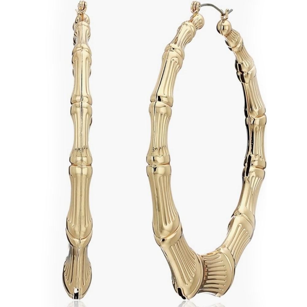GUESS Gold Tone Bamboo Hoop Earrings 80mm 3" Door Knocker Hip Hop 90s Statement - Picture 6 of 13